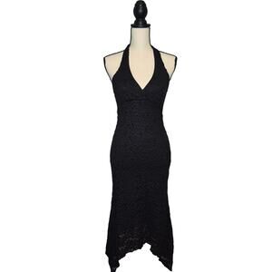 Styles Vintage 90s Y2K Black Lace Halter Handkerchief Hem Midi Dress Sz Medium